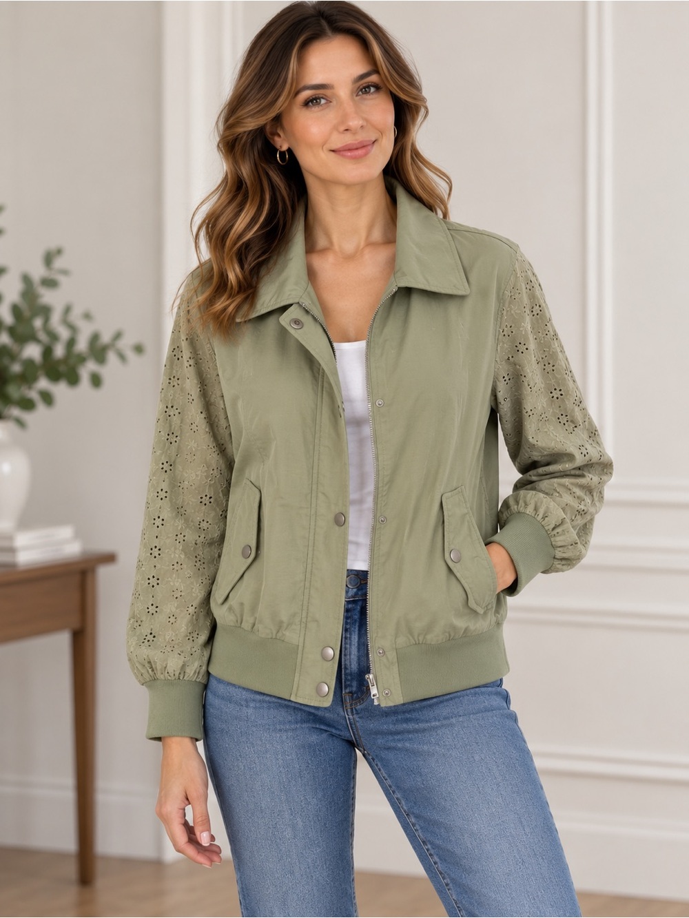 7 For All Mankind Olive Eyelet-Sleeve Bomber Jacket